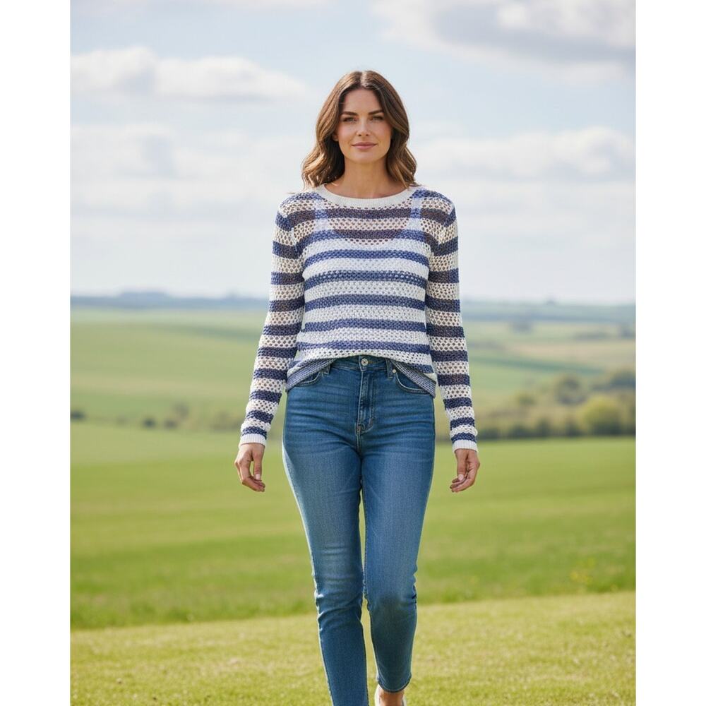 INC International Concepts Sweater Tunic Women Large Blue Sheer Open Knit Beachy